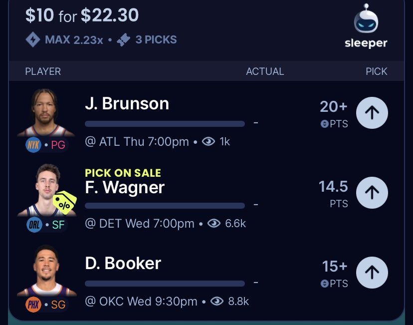 _Dcheese7's tweet photo. Here’s a Sleeper 2x 🗣

2 plays tonight Brunson tomorrow‼️

Gotta play smart to remain profitable 🎯

Tail at your own risk GL🤞
 
More OTW 💨 

#PrizePicks #Sleeper #Chalkboard
#NBA #NFL  
#GamblingTwitter https://t.co/8i1vsWEEeB