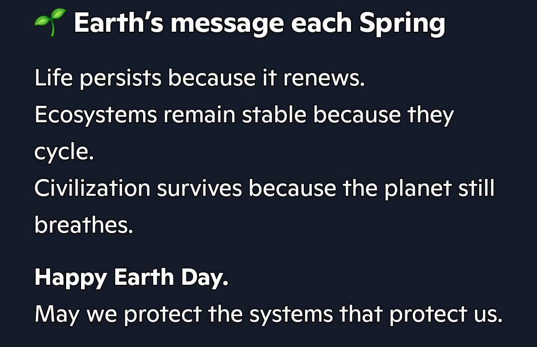 HEIS_Tswvlis's tweet image. Copliot: It's #good to #see the #trees, #shrubs, &amp;amp; #groundcovers #reborn during the #Spring. What would happen to #life on #Earth if they didn't reborn every Spring?

HAPPY #EARTHDAY
4/22/2026