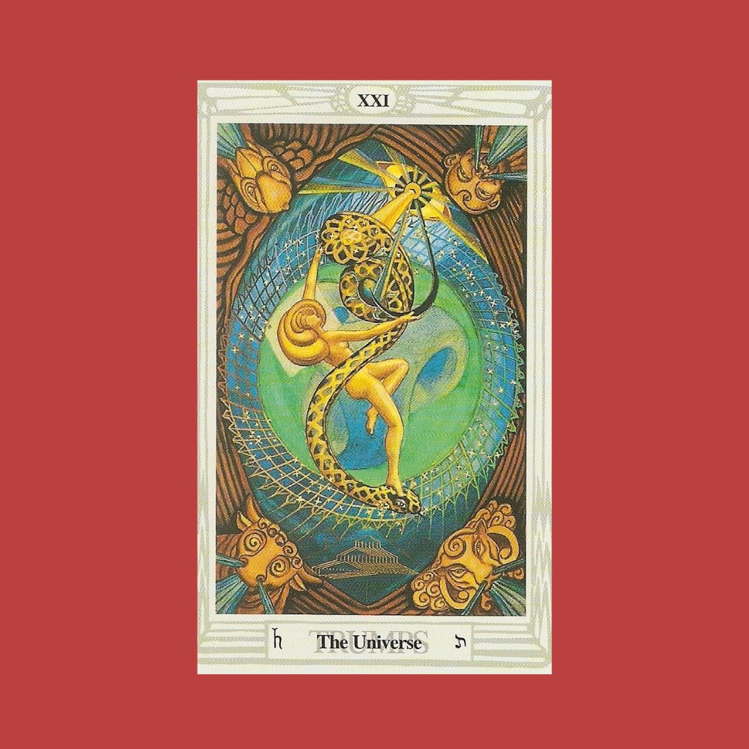 #TAROT &amp; ASTROLOGY! THE WORLD #21. Unlimited wonder &amp; beauty of The World. Dancing in the circle of life. Completion of a cycle, culmination of The Fool's journey. Thoth deck THE UNIVERSE abundance  &amp; plenty. Planet Saturn so took time to arrive.