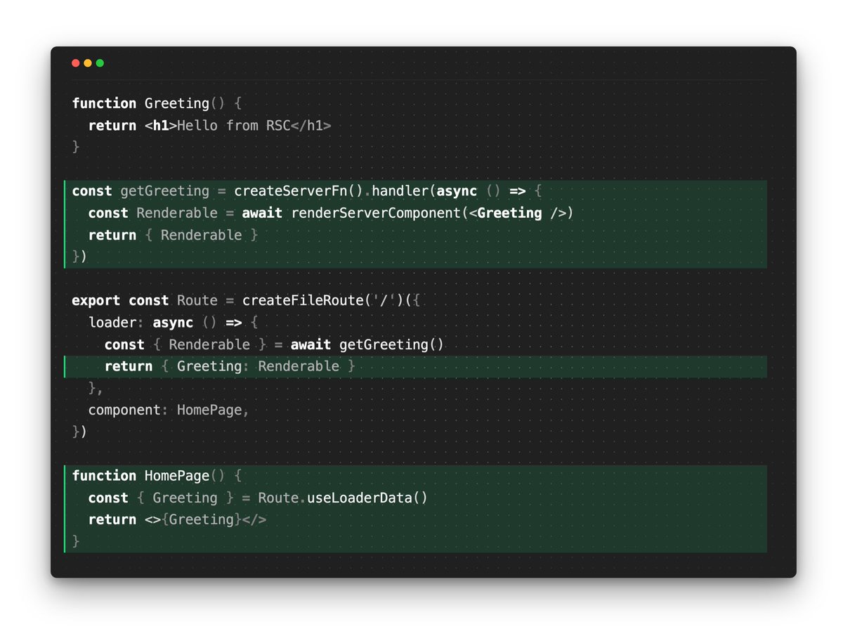 bitswired's tweet photo. Wow @tan_stack Start has server components now! 

And without « use client »/« use server »

It happens within a serverFn so the code explicitly split the server only stuff, no directives needed! 

I much prefer this approach 🔥 https://t.co/G9cVGG1IH6