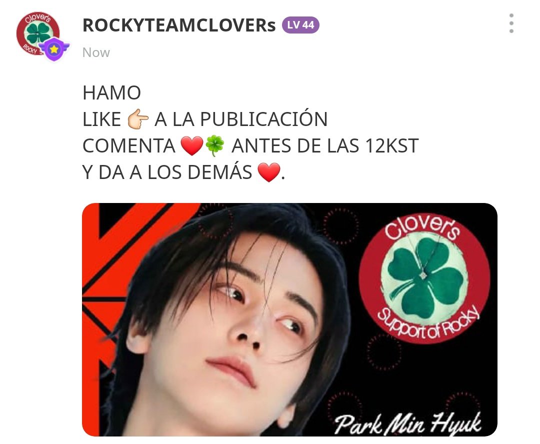 kloversRocky's tweet photo. HAMO LISTAS !!!! para apoyar a #ROCKY en la App IDOLCHAMP !!! Puedes pasar y dejar tu comentario ♥️🍀, dar like a otros comentarios y juntas llegar a 30♥️ para recibir 20💙!!!
#ROCKY #라키 #ラキ #HAMO
@wonijin_ent
#OBROS
#OBROS2 https://t.co/7YrYKSfJEZ