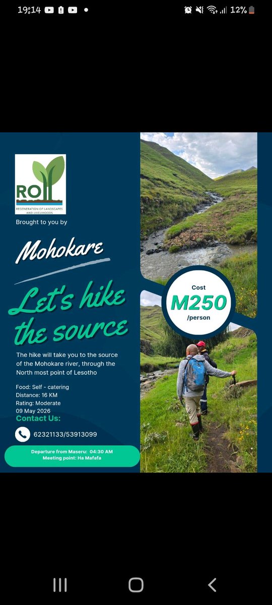12yearsago's tweet photo. As part of our land and water resources management, Thirst Lesotho has partnered with the  (ROLL) project to take you through the northernmost point of Lesotho to the Mohokare river source on a 16km hike. 
Contact  +26662321133/+26653913099  or email admin@thirst.co.ls https://t.co/AdsIz8E1ZM