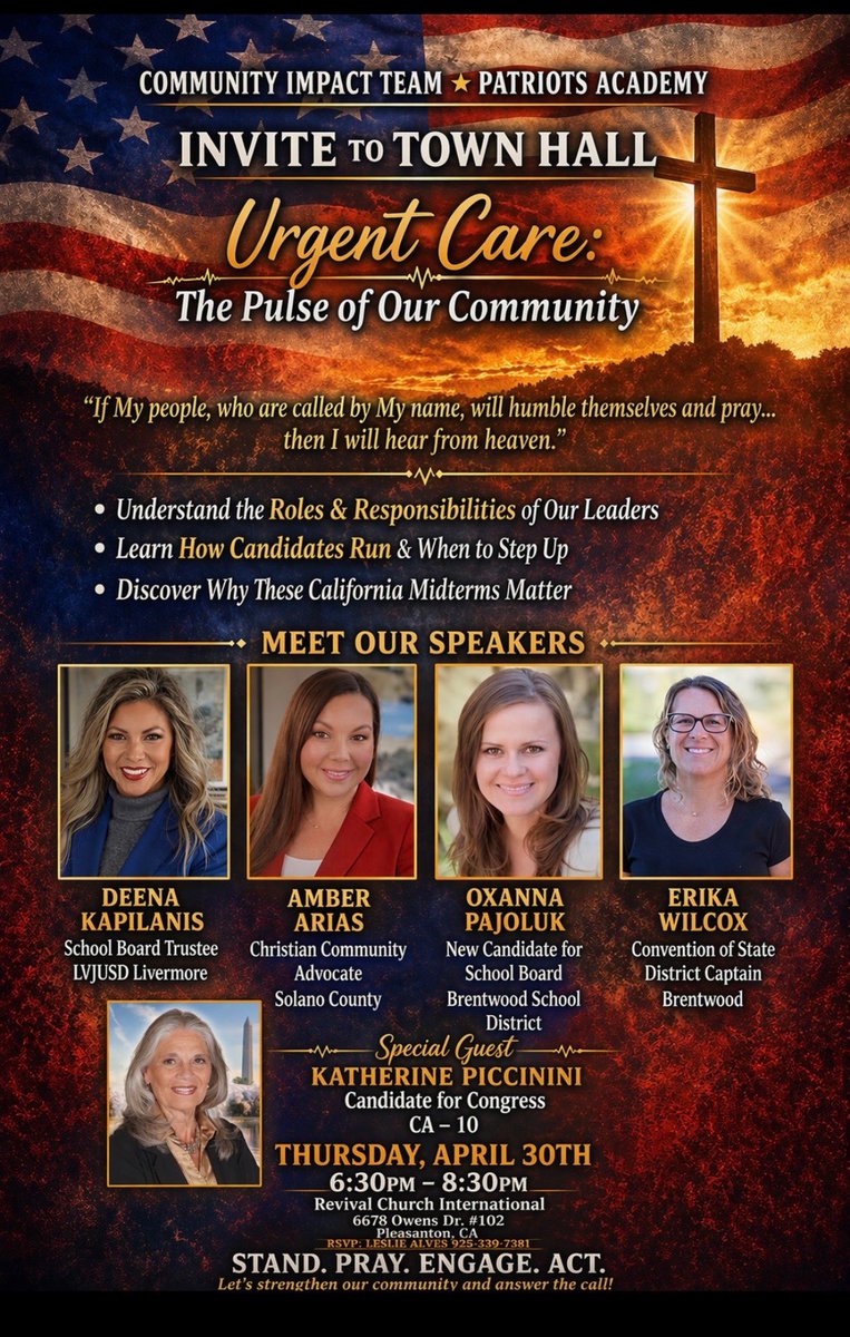 Join us for a powerful Town Hall as we bring our community together to talk about faith, leadership, and the future of California.

I’ll be joining an incredible group of local leaders to discuss what it takes to step up, serve, and make a real impact in our communities. Now more