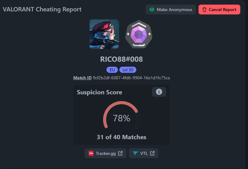 sleepinwhileeat's tweet photo. RICO88#008 very blatant cheater with a lot of games boosting others with cheats, please fix @ItsGamerDoc @ValorantPolice @riotgames @VALORANT https://t.co/hq0vvz9kNl