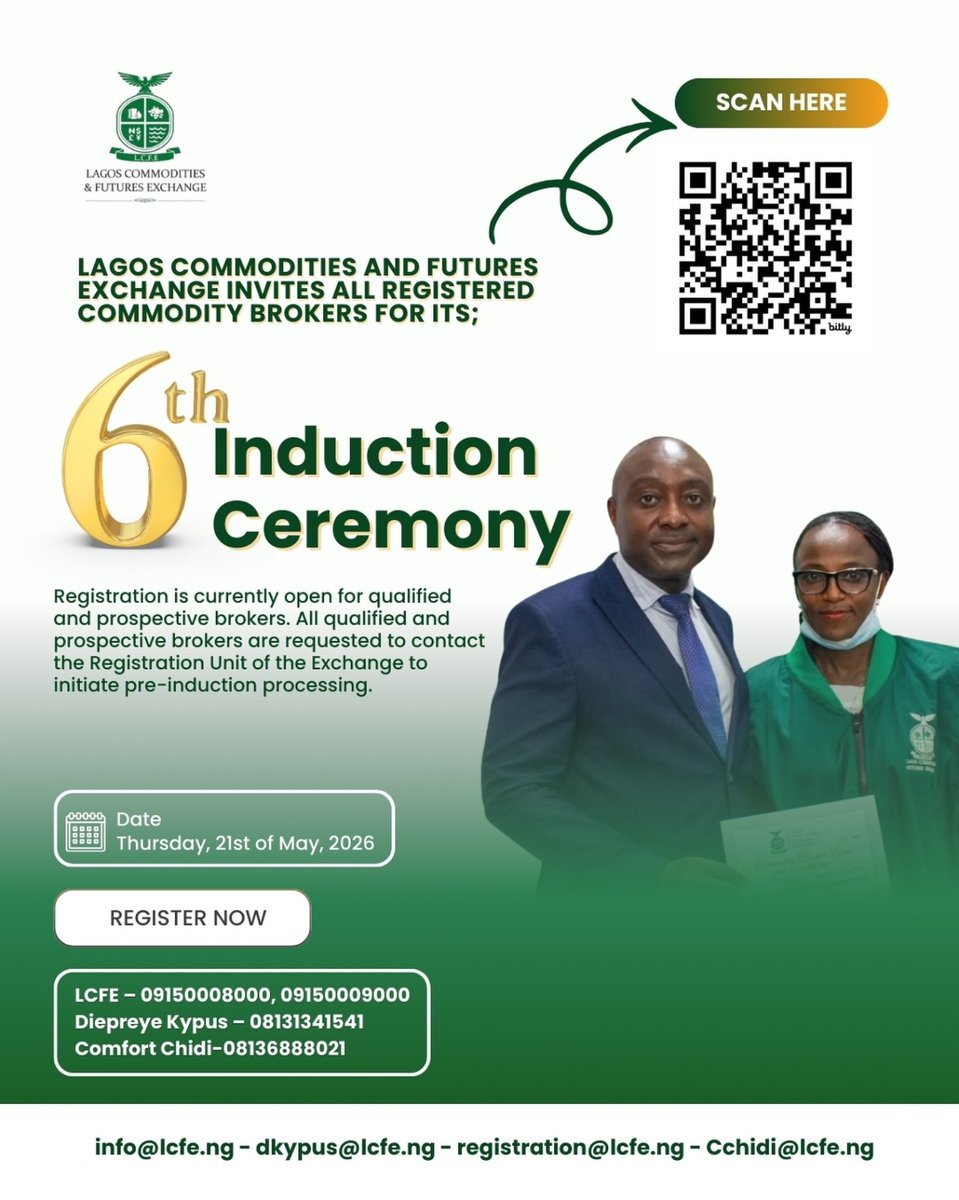 LCFE_NG's tweet image. LCFE is about to welcome a fresh batch of brokers at the 6th Broker Induction Ceremony 💼📈

📅 May 21, 2026
And yep… registration is officially OPEN 👀

You’ve been watching the market… scrolling… analyzing… waiting…
Now it’s giving: your turn to step in.
.
.
#LCFE #Broker