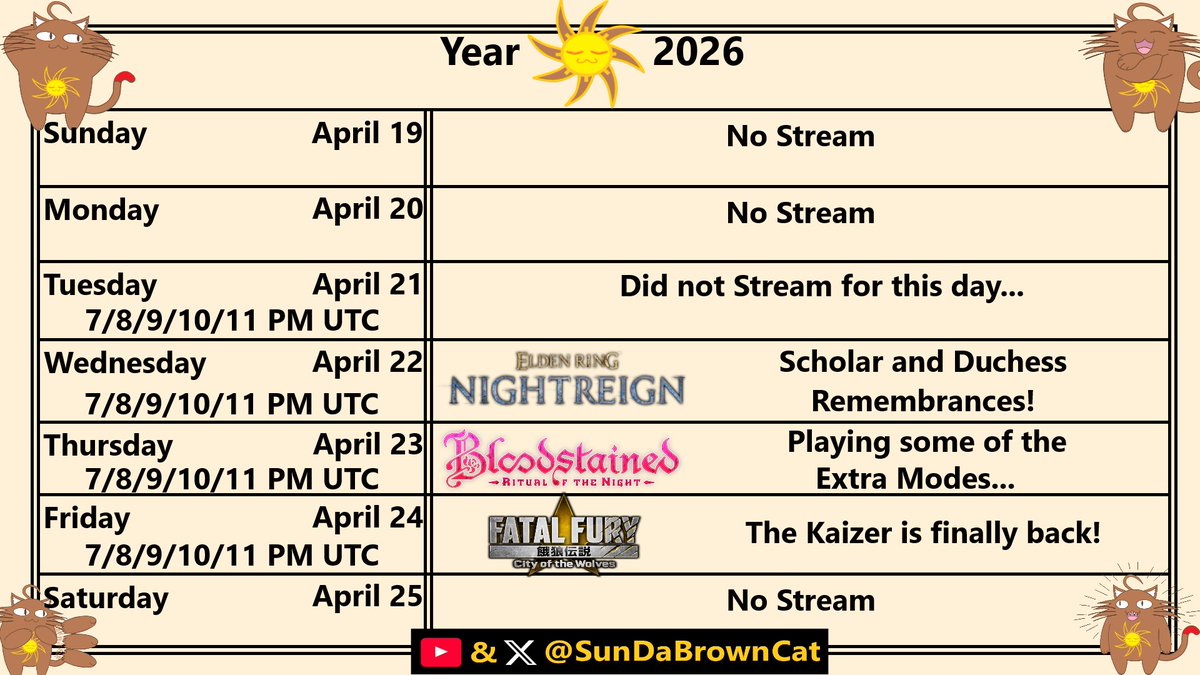SunDaBrownCat's tweet photo. Schedule for this week.
#eldenring #nightreign #bloodstained #ritualofthenight #fatalfury #cityofthewolves https://t.co/ePKCpsPV0t