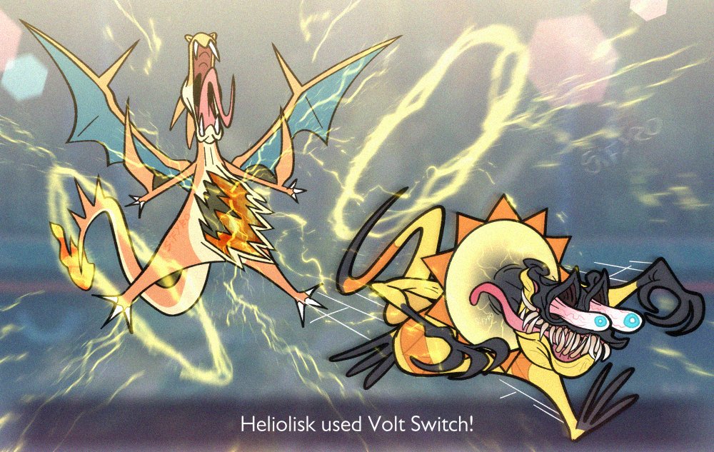 Drawing more Pokemon Champiosn experiences.
Heliolisk using Mega Charizard's sun power.