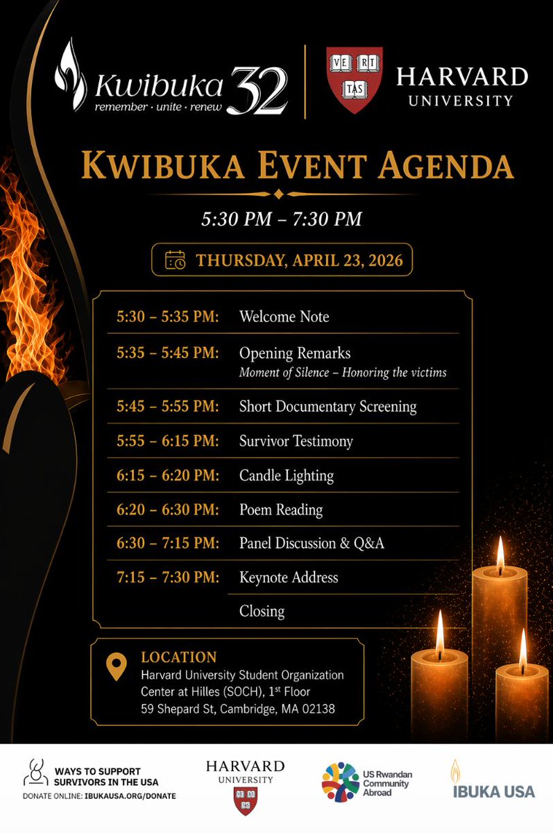 Maranyundo's tweet photo. Harvard Kwibuka Event Update
To accommodate student schedules, the event has been moved to 5:30–7:30 PM on Thursday, April 23.
📍 Harvard University — SOCH, 59 Shepard St, Cambridge
Please RSVP by today (April 22) — link in bio https://t.co/968xXX1GPB