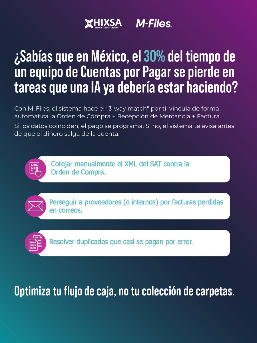 HIXSA's tweet photo. Si tu equipo sigue imprimiendo #PDFs o rastreando un #XML en el spam de un proveedor, tu proceso está roto. #MFiles automatiza facturas: las vincula con la orden de compra y da seguimiento a aprobaciones en tiempo real, sin correos: https://t.co/eR3RSs0CaL https://t.co/5HIlWHtGqF