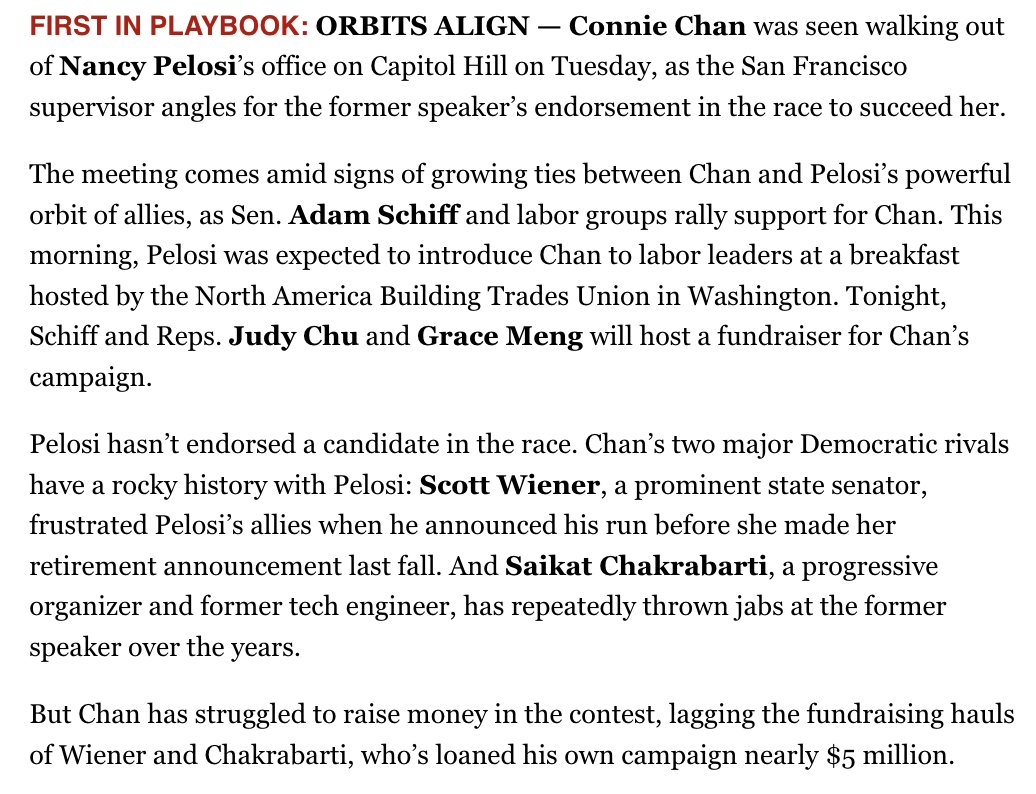 dustingardiner's tweet photo. Today in CA Playbook: SF Supervisor Connie Chan is making the rounds with Nancy Pelosi in D.C. this week

It's another sign that Chan is angling for the former speaker's nod in the House race to succeed her: https://t.co/cx9uKjH3vZ https://t.co/vfTLxDDaUo