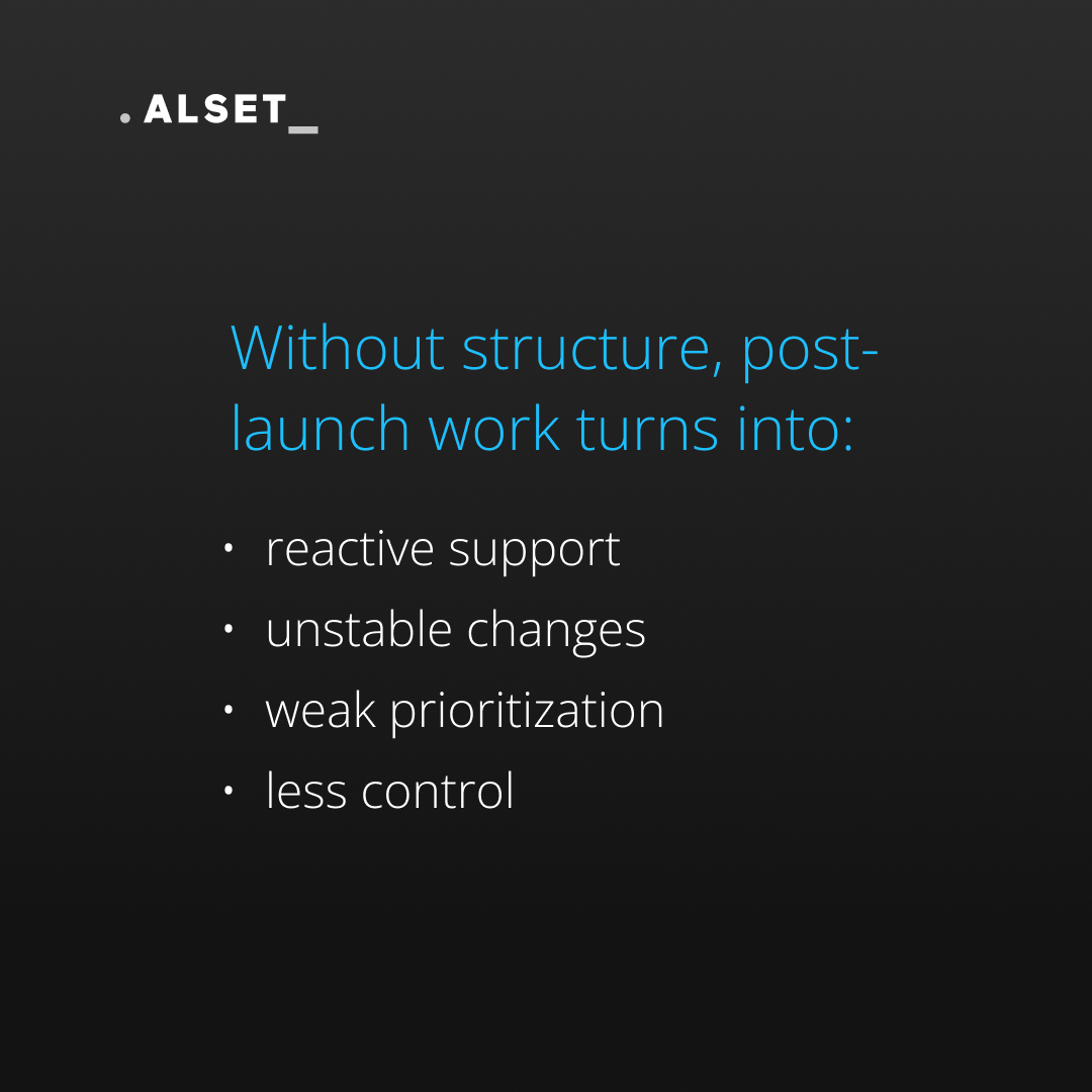 AlsetMX's tweet photo. Post-launch support is not the same as product control.

After launch, teams face fixes, feedback, and new requests fast.

At Alset, post-launch needs are controlled, not improvised.

Book a Product Clarity Session: https://t.co/Z7xsGsnv37
Visit: https://t.co/u1TaHGD0ox https://t.co/BQmFg0Orn6
