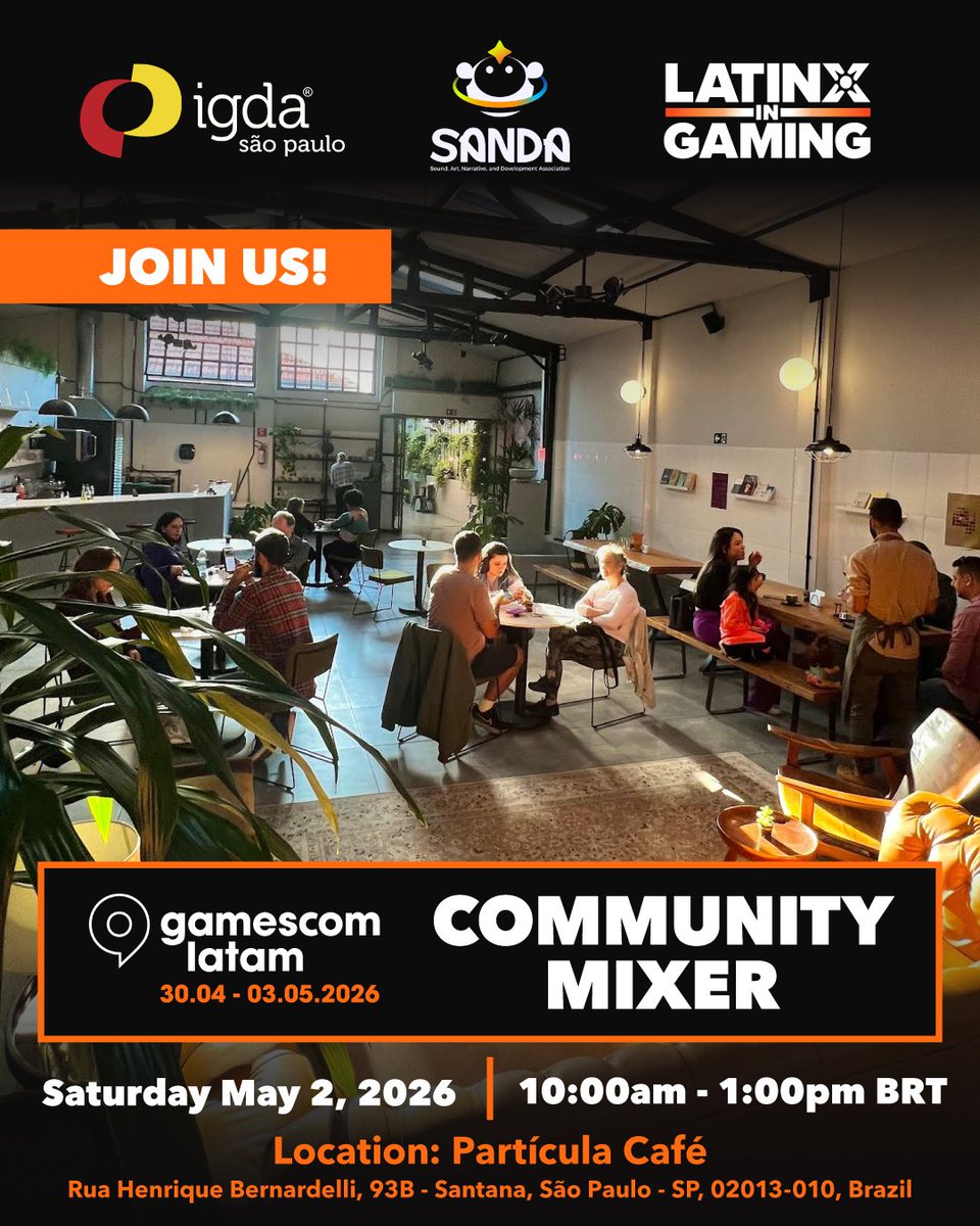 LatinosinGaming's tweet photo. We’re heading to gamescom LATAM for the first time and hosting a free networking event in collaboration with S.A.N.D.A. and IGDA São Paulo!

Join us for some light bites, beverages and good conversations!
Register at: https://t.co/EDbFVApHml https://t.co/6kRDrZgX9b
