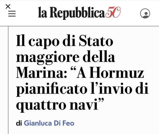 Il Capo di Stato Maggiore della Marina ha detto che è stato pianificato l’invio di 4 navi militari italiane nello Stretto di Hormuz. Il problema è che lo ha detto da Bruno Vespa, mentre avrebbe dovuto dirlo prima in Parlamento!