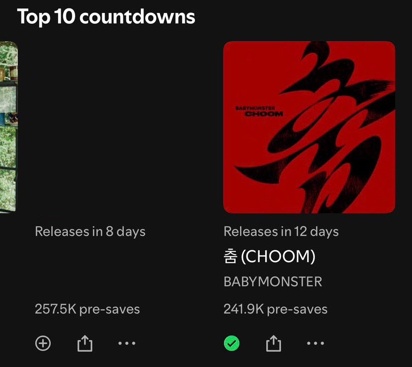 #BABYMONSTER “CHOOM” debuts Spotify’s ‘Top 10 Countdowns’ with 241.9K pre-saves 

วันนี้ ++ เยอะเลยค่ะ มอนสตี้ทุกคนเก่งมาก ๆ ขอบคุณทั้งทีมเตรียมฟืนที่เร่งกันตั้งแต่เช้า และทีม Pre-save เลย เหลืออีกไม่กี่วันแล้วมอนสตี้เข้ากลุ่มกันเยอะๆนะคะ♥️💪🏻🔥

#ขุมนรกปีศาจ #สตรีมให้เด็กปีศาจ