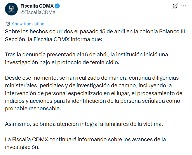 MLopezSanMartin's tweet photo. Asesinan en Polanco a Carolina Flores Gómez, exreina de belleza de Baja California

Tenía 27 años

El crimen ocurrió el 15 de abril; la fiscalía capitalina inició investigación un día después

Familia exige justicia y convoca a marcha el 25 de abril en Ensenada https://t.co/A7H7BiSurH