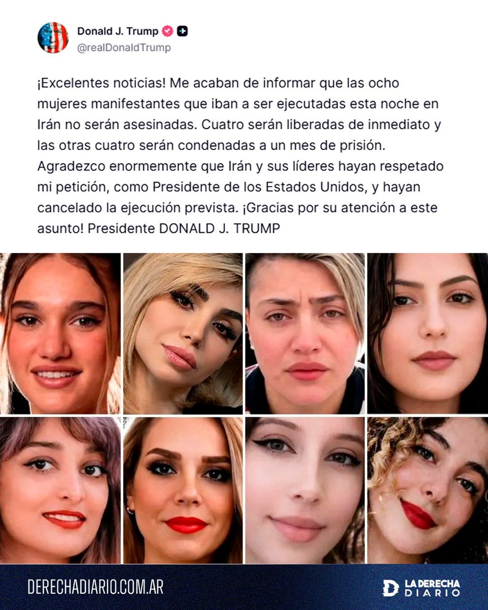 laderechadiario's tweet photo. 🚨🇺🇸🇮🇷 | #AHORA TRUMP YA HIZO MÁS POR LAS MUJERES QUE TODAS LAS FEMINISTAS DE OCCIDENTE: Trump confirmó que, gracias a sus negociaciones, las ocho mujeres que iban a ser ejecutadas esta noche por el régimen terrorista de Irán ya no serán asesinadas. https://t.co/ENaDgHnrsI