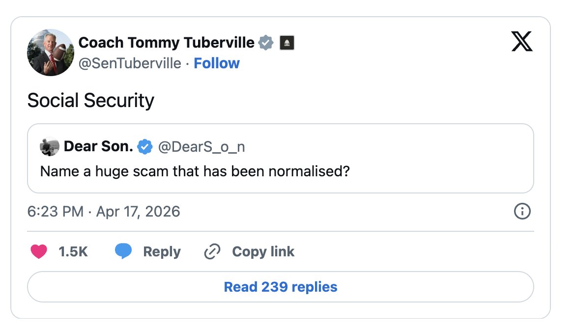NCPSSM's tweet image. Senator Tommy Tuberville (R-AK) calls Social Security a "scam" in a post on X.  Figures. He also voted to gut Medicaid and SNAP. 
#socialsecurity #SNAP #Medicaid #GOP