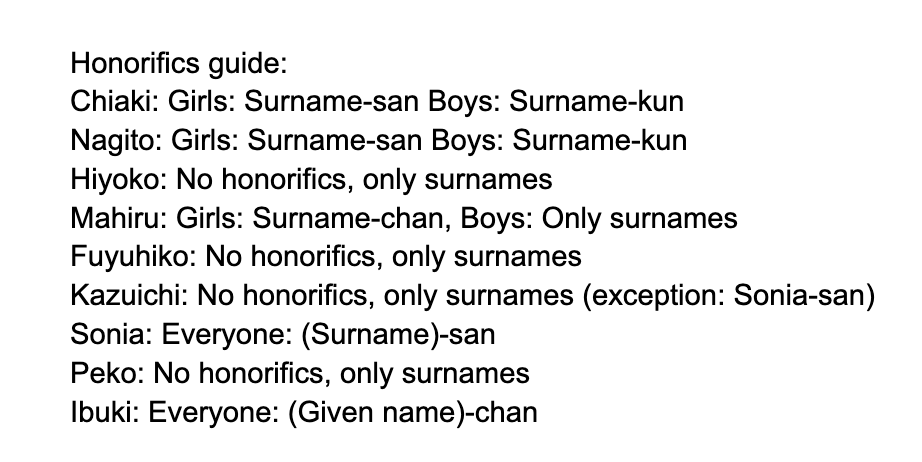 HIK0MA's tweet photo. thank god there's charts abt what honorifics each character uses bc i was going insane trying to do this for the fic i'm working on (writing &amp; gaming are my coping mechanisms today) [note abt hiyoko she uses older brother/older sister b4 surnames but i'm not writing that in lol) https://t.co/XlZrT7Vrdt