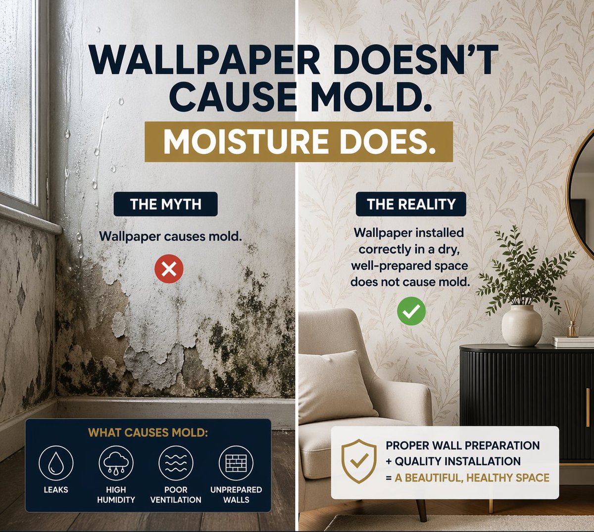 EverythingWallp's tweet image. Wallpaper doesn’t cause mold. Moisture does.
If mold shows up after wallpaper installation, the real culprits are usually leaks, humidity, poor ventilation, or bad wall prep.
Proper preparation + professional installation = beautiful, healthy walls. #InteriorDesign #HomeCare