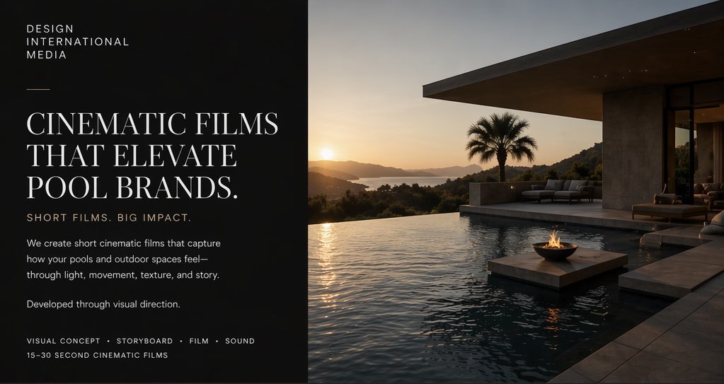 Designint's tweet photo. Design International Media crafts films that don’t just showcase spaces, they let you experience them. Light, movement, texture &amp; atmosphere come together to transform outdoor brands into immersive visual narratives.
Bring your brand to life. Get in touch to start your film. https://t.co/hLD07rUXD7