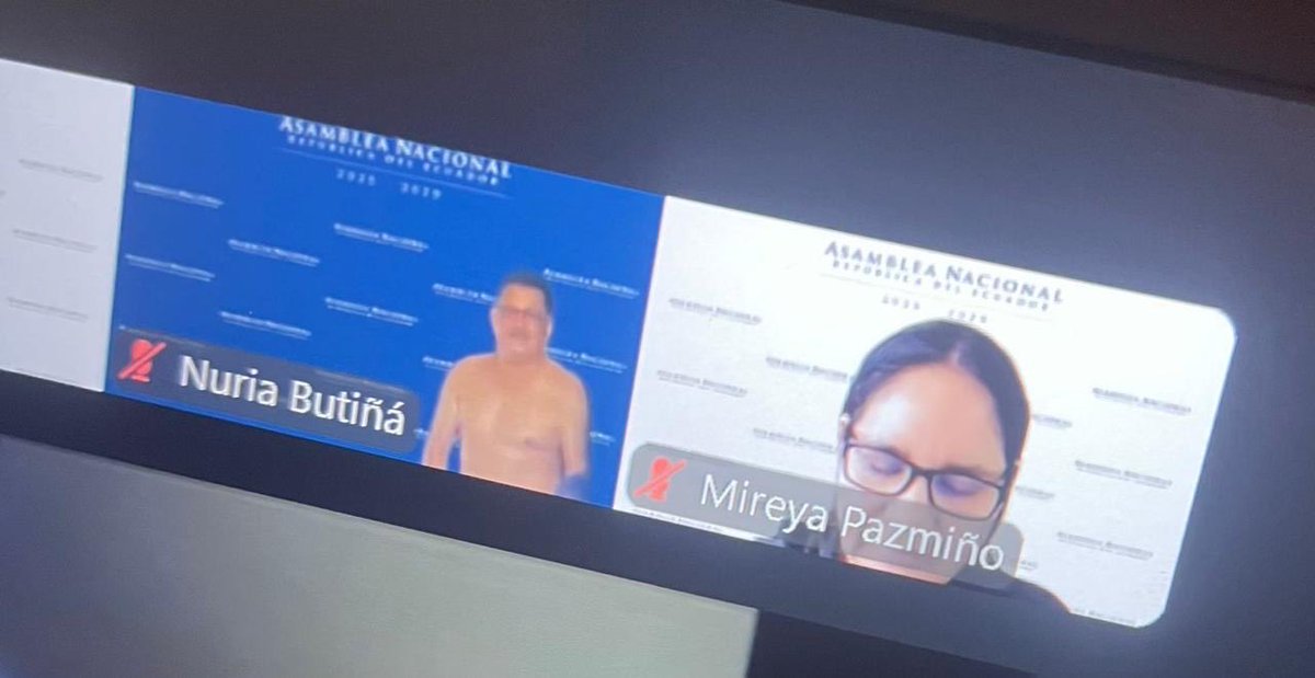 EcuadorPlay's tweet photo. 🔴 Otra vez un desnudo en plena sesión virtual de la Asamblea.

La conexión de la asambleísta Nuria Butiñá volvió a quedar en el centro de la polémica tras la aparición de un hombre sin camisa durante la sesión. Ya sería la segunda vez que esto ocurre 😱 https://t.co/uWWrlLejbu