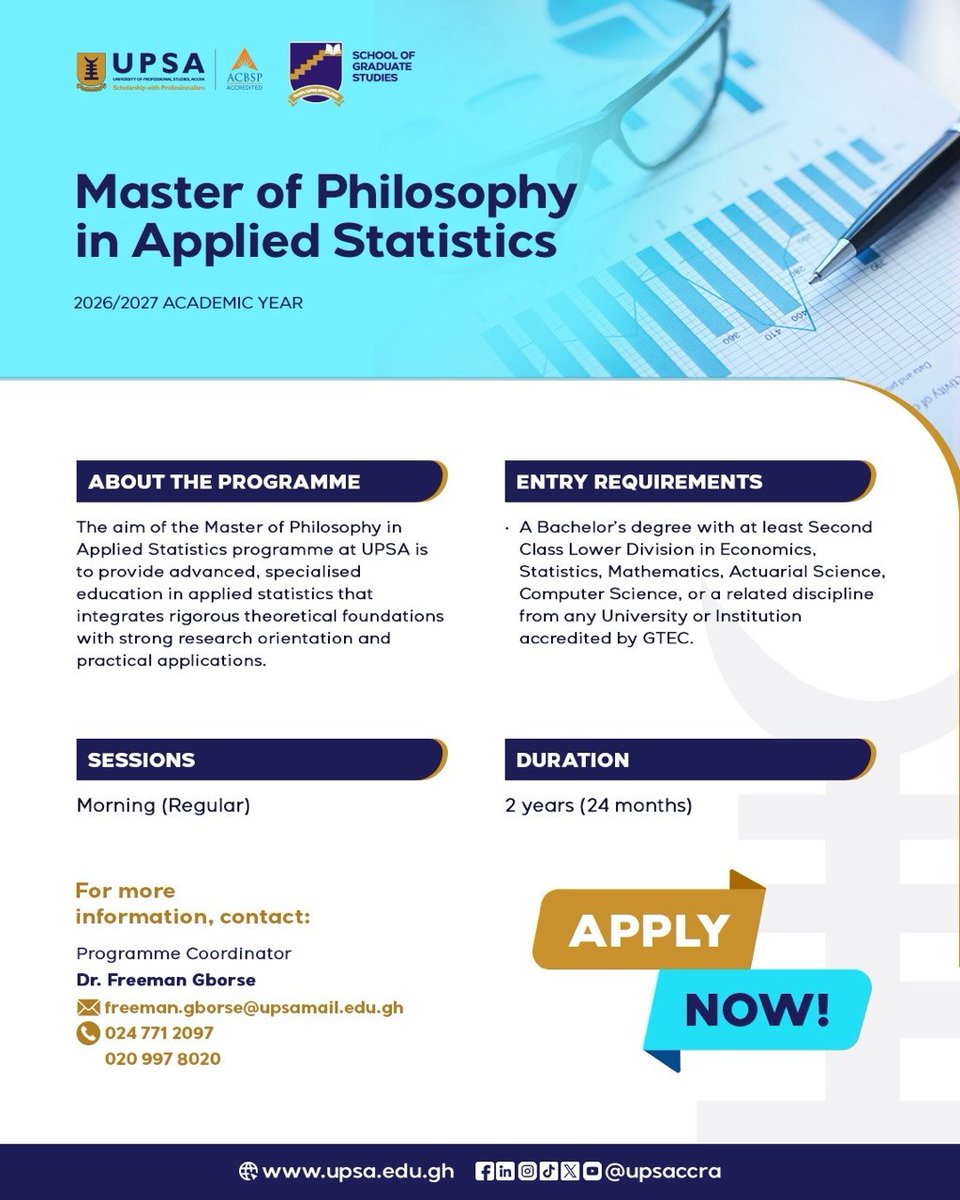 upsaccra's tweet photo. Statistics is the grammar of science.
 Master it with UPSA's MPhil in Applied Statistics. 

Apply now! 

#MPhilAppliedStatistics #DataScience #UPSA #QuantitativeMethods #GraduateSchool #ResearchMatters https://t.co/e9xW8gfWvr