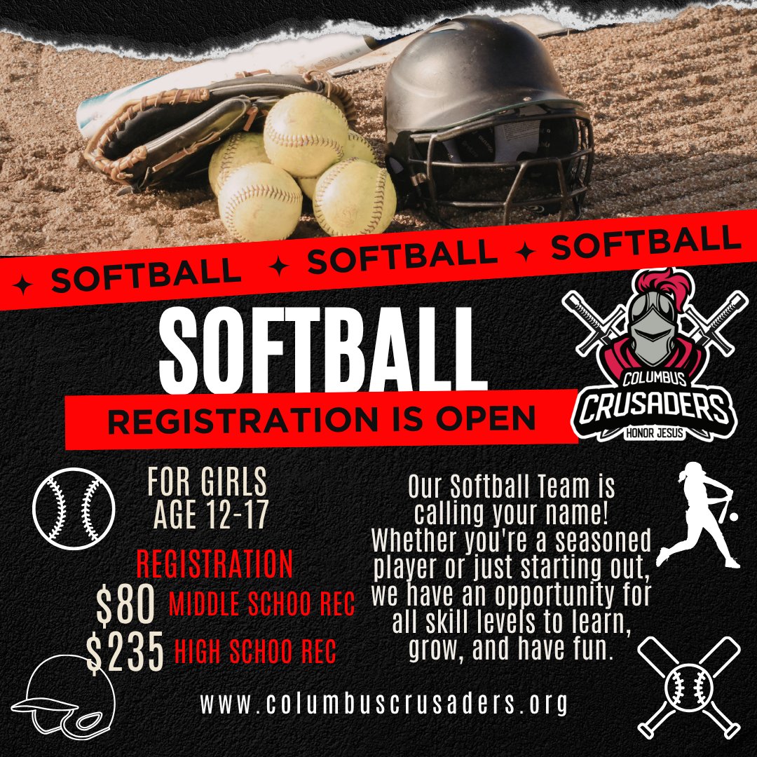 cbuscrusaders's tweet photo. 🚨🚨 Attention 🚨🚨

📢Calling all young ladies ages 12-17!

Register for our 2026 Softball Season!

2 Teams: Middle School Rec &amp; High School Rec

Register here: https://t.co/F6Y79mcWgi https://t.co/7WLtojUQT5