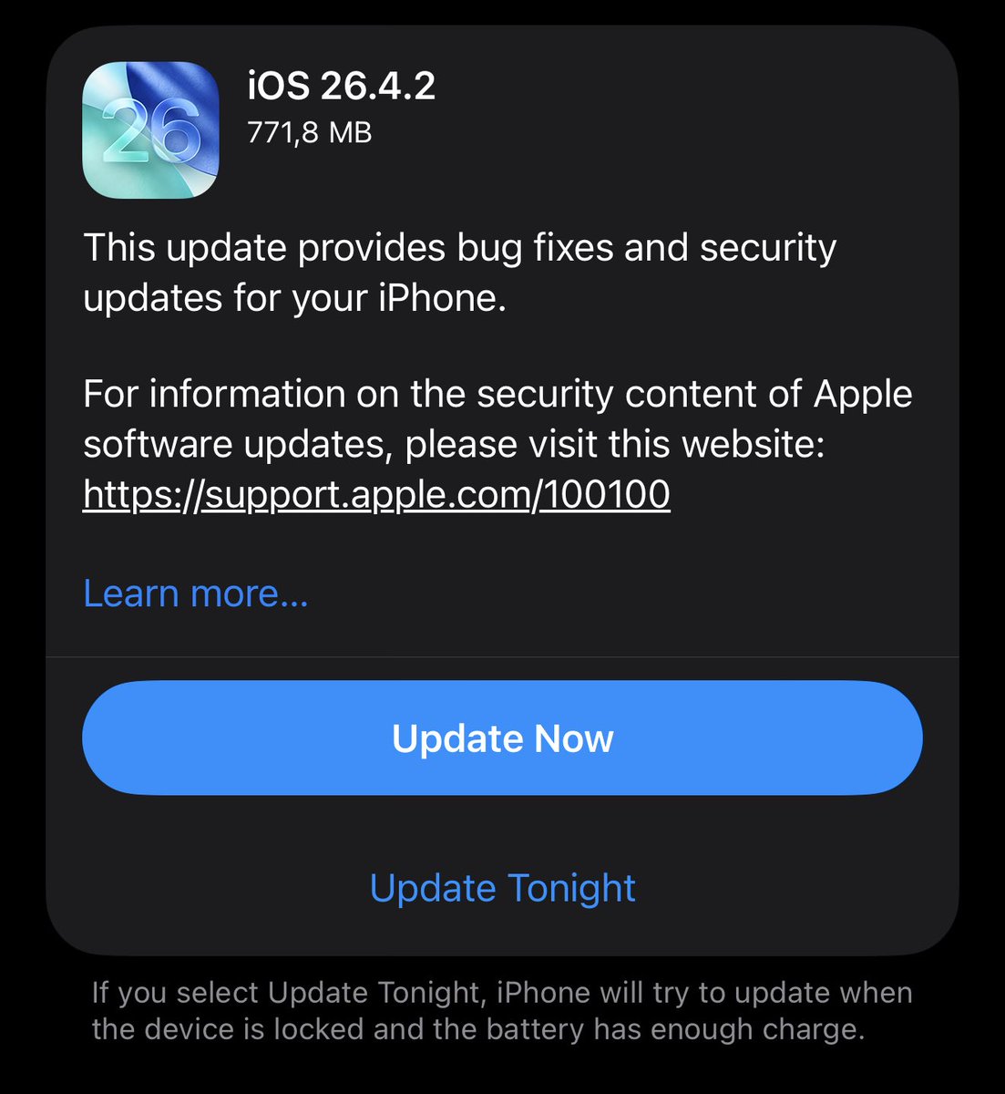 techwitheugene's tweet photo. iOS 26.4.2 is out 👇🏾 https://t.co/3fkyFOFtcF