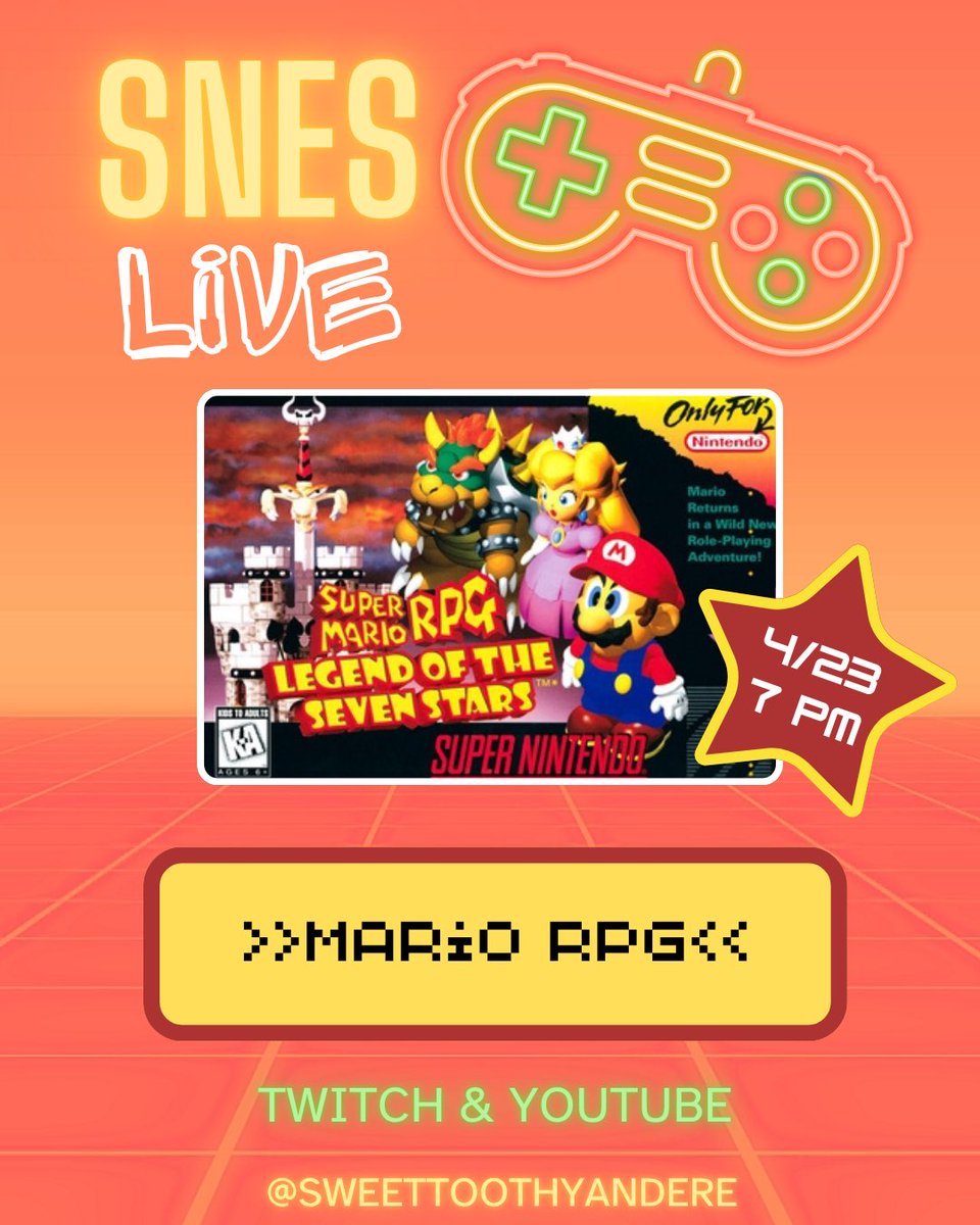 SweetsYandere's tweet image. Let’s start my FAVE SNES game of ALL TIME!!!

Join me Thursday, 4/23, from 7-8 PM CDT on Twitch and YouTube! 

#snes #supernintendo #supermariorpg #gamergirl #gothgamer