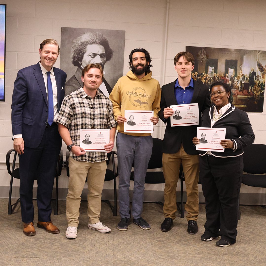 The winners of the Chase Center’s 2026 student civics writing competition were announced 4/21 at the Chase Society meeting.

Congratulations to Deacon Humbert, Adil Zafar, James Kolak, and Sarina Mathis.

Copy/paste to read the whole story: go.osu.edu/DHNH