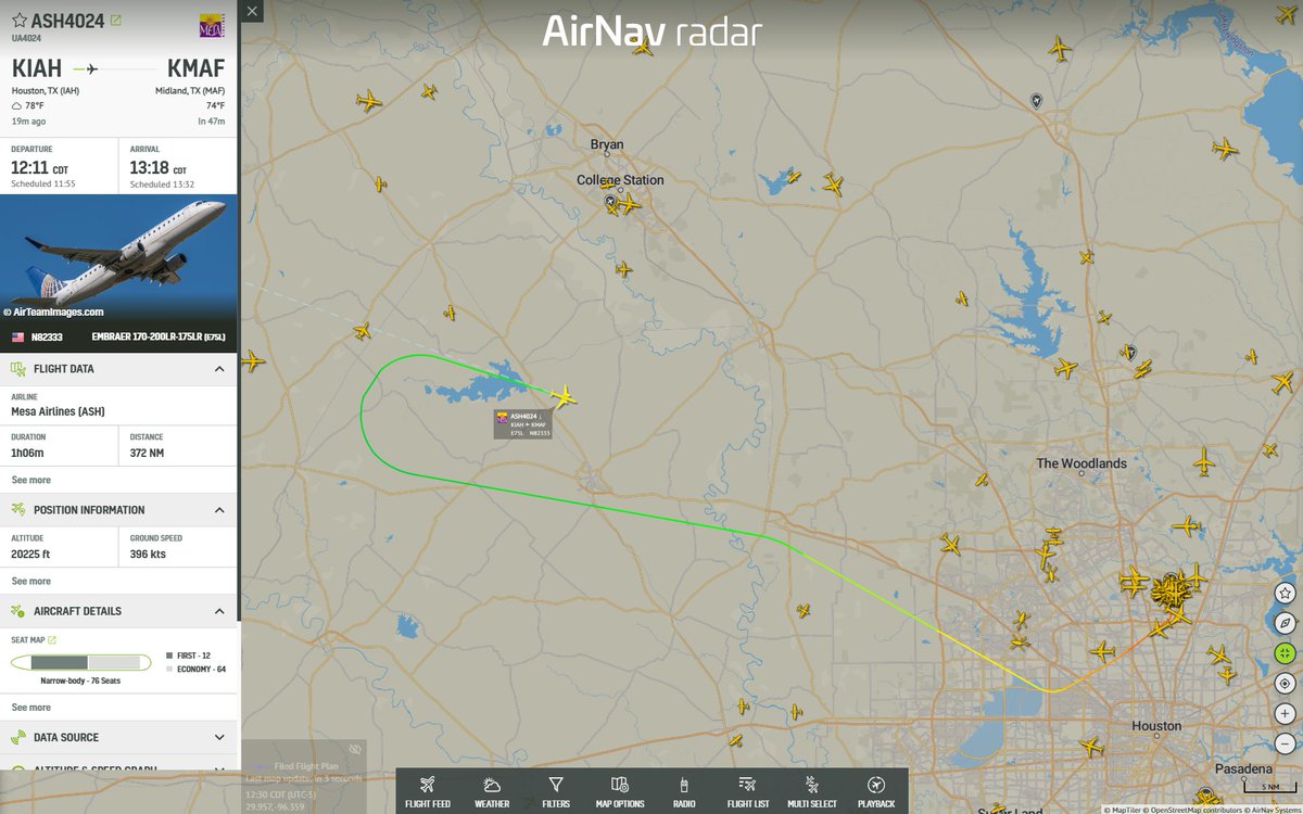 AirNavRadar's tweet image. 🚨United Airlines flight #UA4024 from #Houston to #Midland is declaring an emergency via Squawk 7700:  airnavradar.com/flight/ASH4024