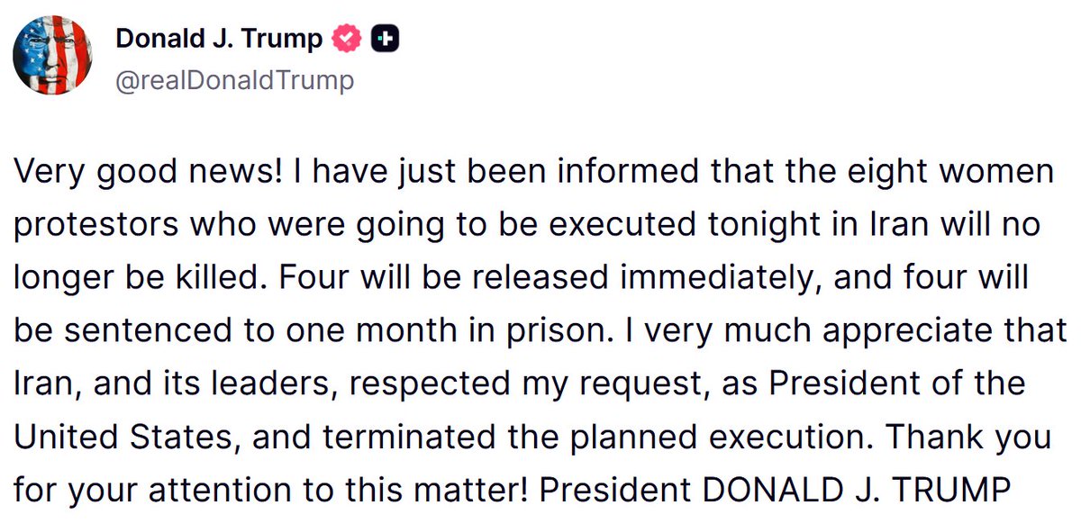 RTB_io's tweet image. NEWS: Trump says Iran has halted the execution of eight women protesters, with four to be released and four given one-month sentences instead.

He credited the decision to his direct request ahead of upcoming negotiations. #Trump #Iran #Protest