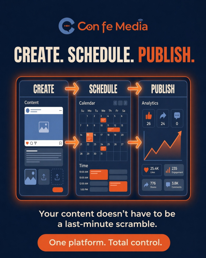 confemedia's tweet photo. Create it. Schedule it. Publish it.
No chaos. No last-minute rush.
Just consistent growth,  all from one platform.
Start today → https://t.co/bV6pD3X8wK https://t.co/SdCWdHKAxY