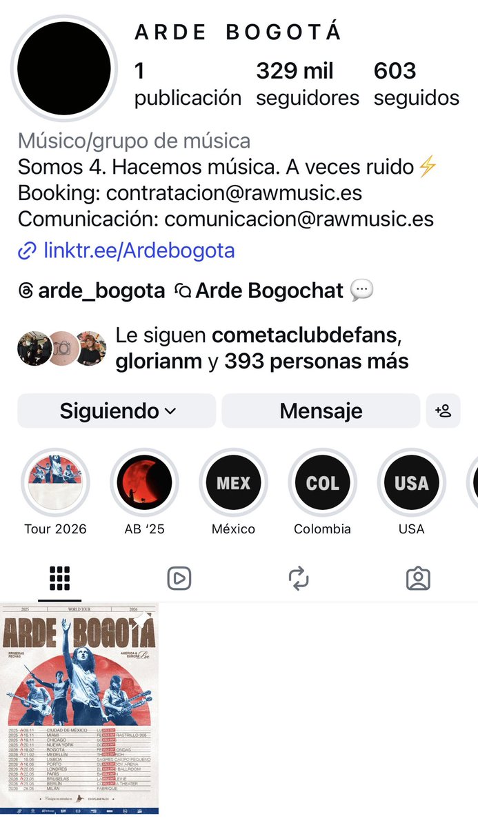 purivicente's tweet photo. Arde Bogota ha “eliminado” todos sus post de Instagram.

¿Qué andarán tramando? 🤔

(Esta es una práctica que se ha vuelto habitual en algunos grupos que quieren mostrar así un cambio de rumbo en la banda).

* Es una estrategia que me parece innecesaria, por otra parte… https://t.co/bzvlqLglB5