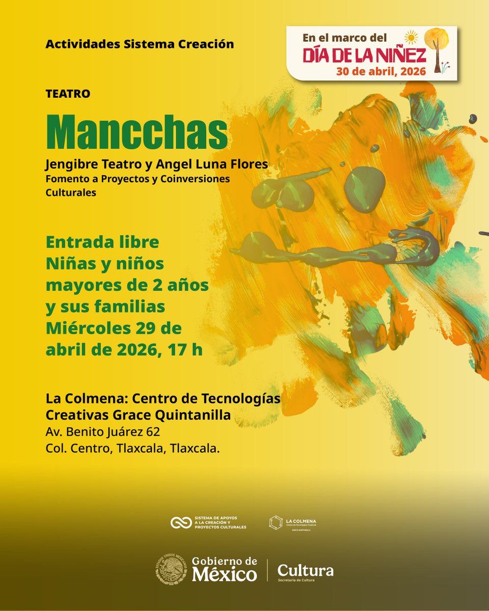 SistemaCreacion's tweet image. ¿Ya tienes plan para festejar con niñas y niños en #Tlaxcala? "Mancchas" es una obra para los más pequeños que invita a experimentar el goce del desborde creativo y a habitar el espacio en blanco como territorio de imaginación compartida. Invita Jengibre Teatro en @LaColmenaTLX.