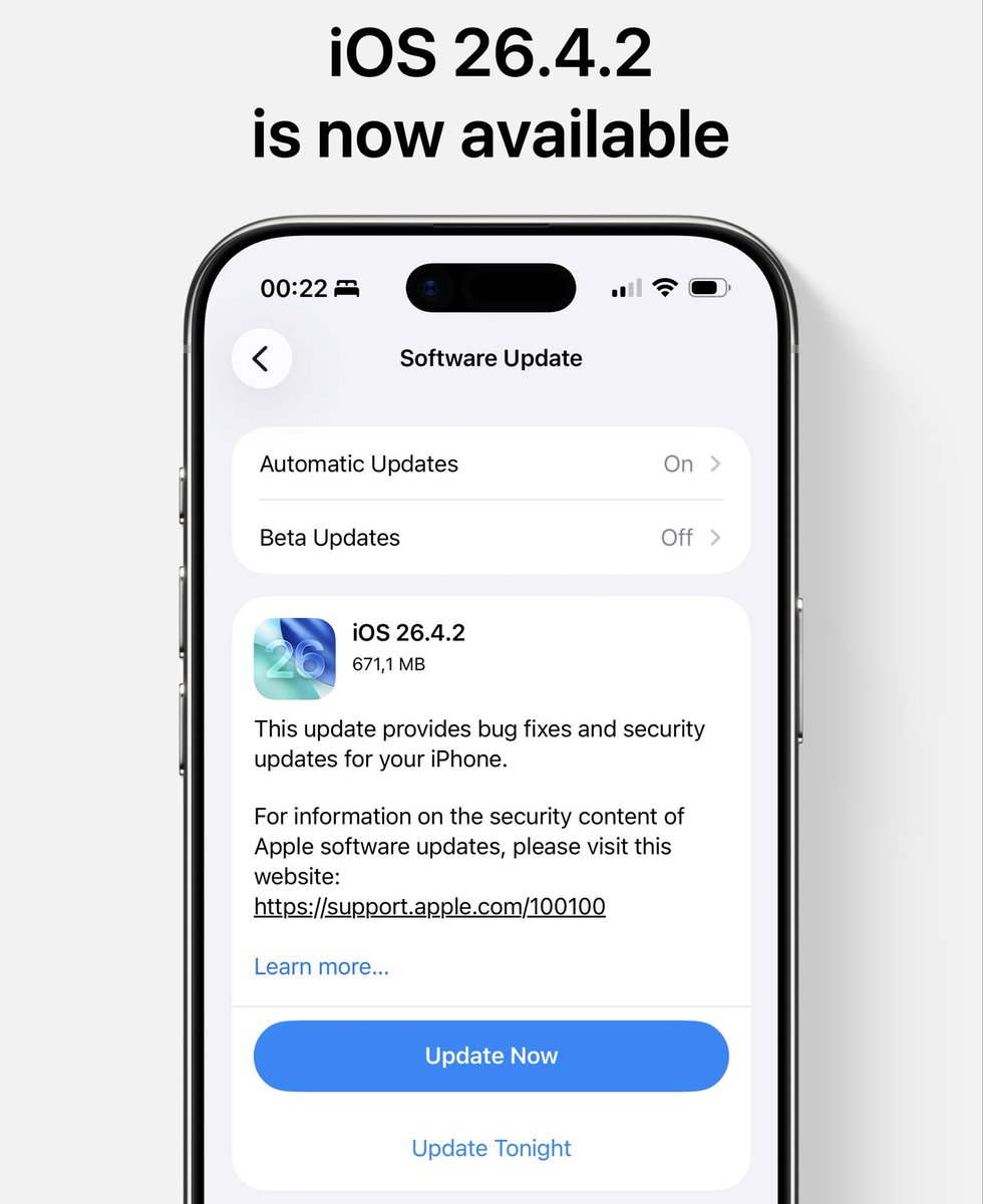 AppleExplosion's tweet photo. 🚨Apple выпустила РЕЛИЗ iOS 26.4.2 и другие новые прошивки! ⚙️Что нового: https://t.co/xINM16zgNN

НЕ СТАВЬ❌Особенно после теста🪫: https://t.co/tXK6d4mOXP

🤪#iPhone17 всех обманул: https://t.co/Kgc3qOoRdO

#ios265 #ios26 #ios2642 #ios266 #ios27 #apple #iphone #ios #ipad https://t.co/OhOnEZANjt