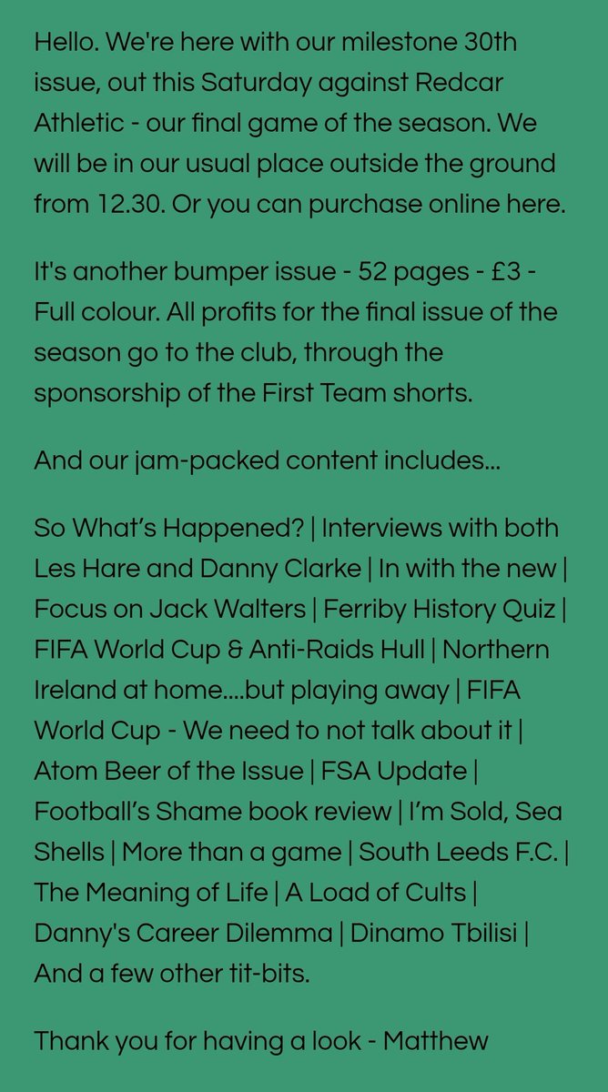 VFTAE's tweet photo. It's here! Issue 30 of our #FerribyFanzine. On sale from 12.30 outside the turnstiles vs @redcarathleticf or via
https://t.co/UZL6fHFyIi. Inc interviews with Les Hare &amp; @danny_clarkeuk. 
52pp £3
A @riocm_ cover and full contents 👇
RTs really appreciated  🙏 
Ta 💚 https://t.co/lr3xRdmujN