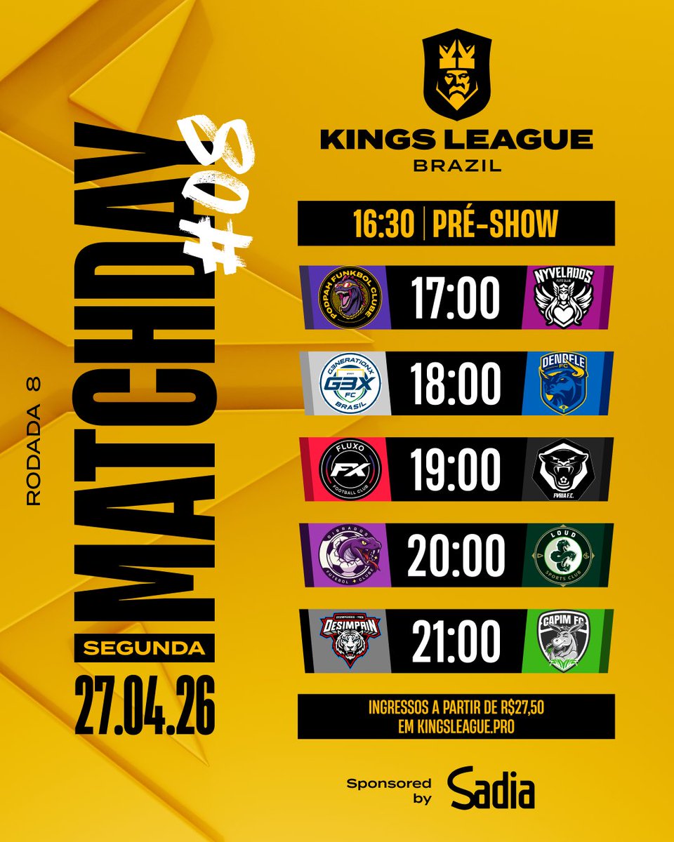 Kings_LeagueBR's tweet photo. 2 vagas disponíveis… A RODADA 8 VALE MUITO! 👑🇧🇷

🎟️ Ingressos a partir de R$27,50 (meia) disponíveis em https://t.co/m8Wnw5SK8y!

#KLSchedule https://t.co/2hv9IX0wpW