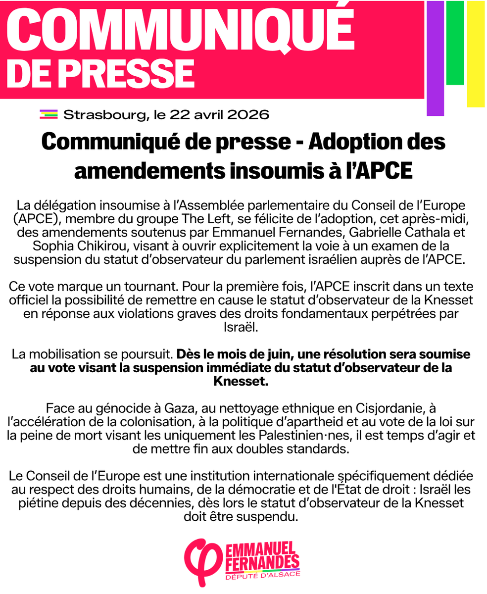 EmmanFernandes's tweet photo. Les amendements que j'ai soutenus avec @uelpace visant à envisager un examen de la suspension du statut d’observateur du parlement israélien auprès de l’APCE, ont été adoptés !
Israël piétine les droits humains et n'a donc rien à faire dans une institution censée les promouvoir ! https://t.co/WP55NoetnF