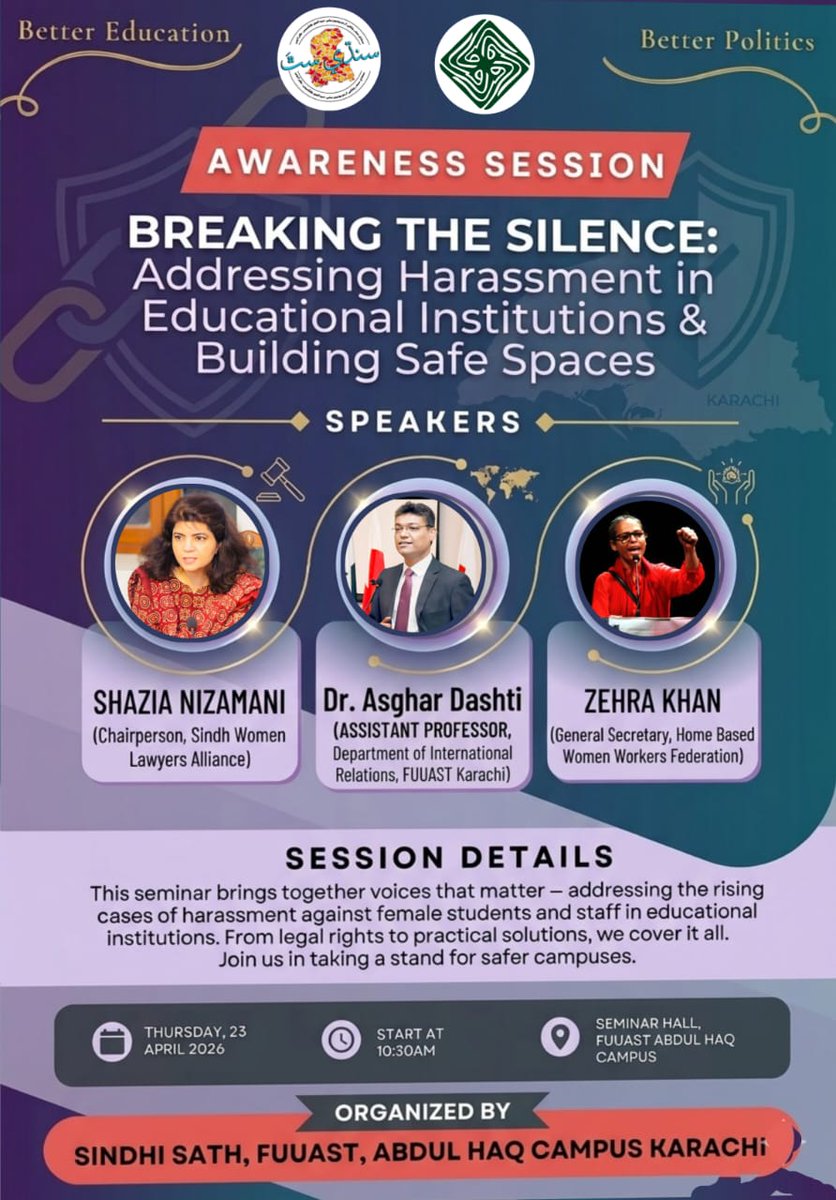 SWLA_official's tweet image. The Chairperson of SWLA, Advocate  @nizshaz29, will participate as a guest speaker in an awareness session titled “Breaking the Silence: Addressing #Harassment in #Educational #Institutions &amp;amp; Building Safe #Spaces” being organized by the Sindhi Sath of @FederalUrdu.