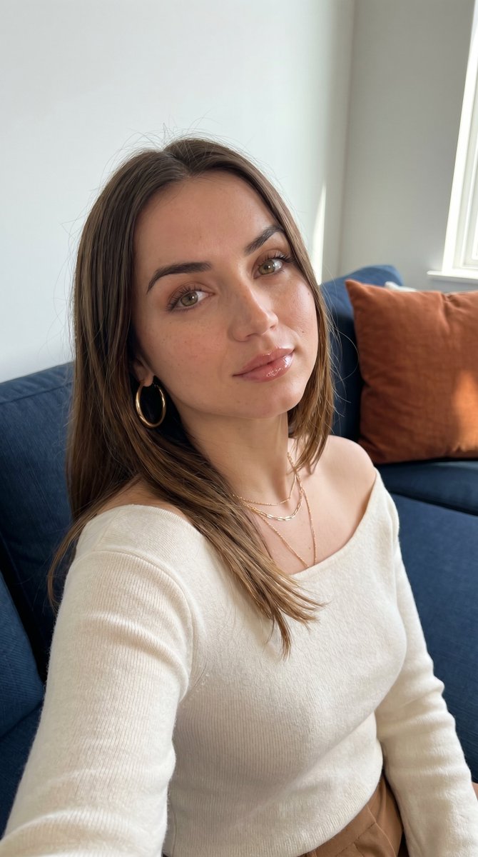 GlenaJenne's tweet photo. Ana de armas 🤍💫

Nano banana pro prompt :

Use the uploaded reference image as the facial identity reference. Create an ultra-realistic close-up portrait selfie of a beautiful young woman sitting indoors on a modern sofa. Long hair falling naturally over shoulders, sharp defined eyebrows, glossy lips, subtle freckles, smooth natural skin texture, soft confident playful expression with biting her bottom lips , direct eye contact with camera. Wearing large gold hoop earrings, layered delicate gold necklaces, and an elegant off-white soft knit top with open neckline. Background includes a deep navy blue sofa and warm burnt-orange cushion, minimalist white wall. Soft natural window light, realistic shadows, cinematic depth, highly detailed skin pores, lifelike eyes, true-to-life colors, DSLR quality, shallow depth of field, 8k, ultra photorealistic, premium fashion editorial style.