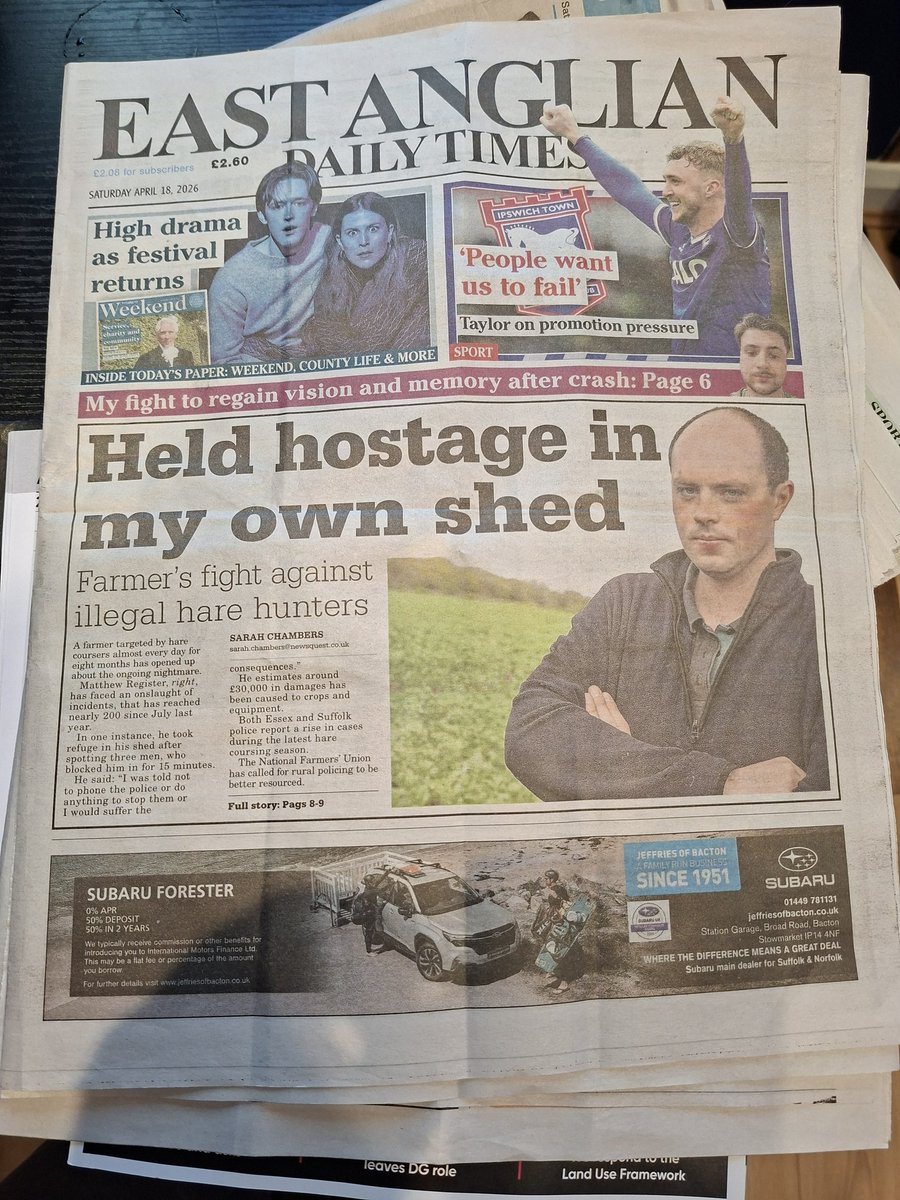 nfueast's tweet photo. NFU Essex member Matthew Register has been targeted by hare coursers over 200 times in 8 months. He has been assaulted 11 times and had £30,000 worth of damage done to his crops.
Rural communities need better protection.
Story on the front of @EADT24 
@Robyn_Munt @SamJPimblett https://t.co/NcohtVe59P