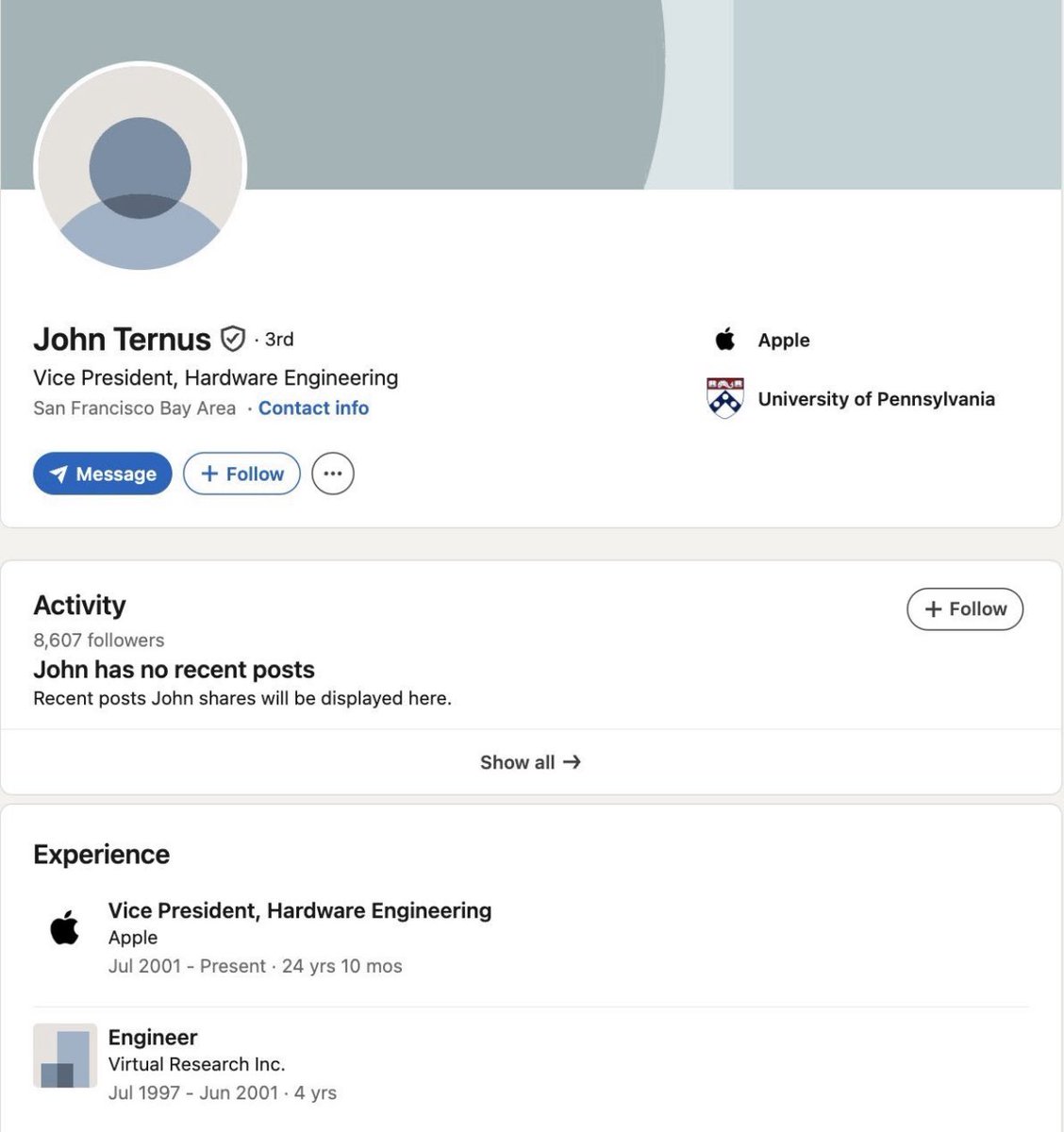 TrungTPhan's tweet image. Still shocked John Ternus pulled off Apple CEO with lazy LinkedIn profile:

▫️no banner image
▫️blank profile photo for logged out users
▫️no breakdown of all Apple positions (including role-by-role achievements)
▫️0 social posts (should pin commencement speech)

How are