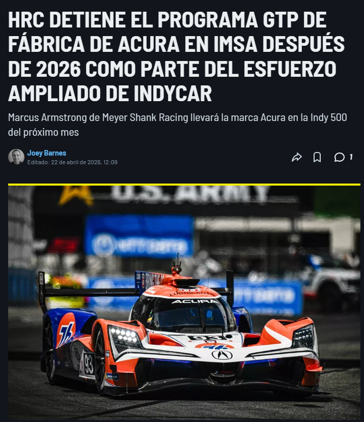ultermotor's tweet image. 🚨 OFICIAL: ACURA PAUSA SU PROGRAMA GTP DE #IMSA

HRC pausará su programa de fábrica al final del 2026 para enfocarse en su nuevo programa de fábrica de #IndyCar 2028 👀

Me encanta IMSA pero era una locura lo que decían los fans de que estaba superando a IndyCar 🙄

#NASCAR #F1