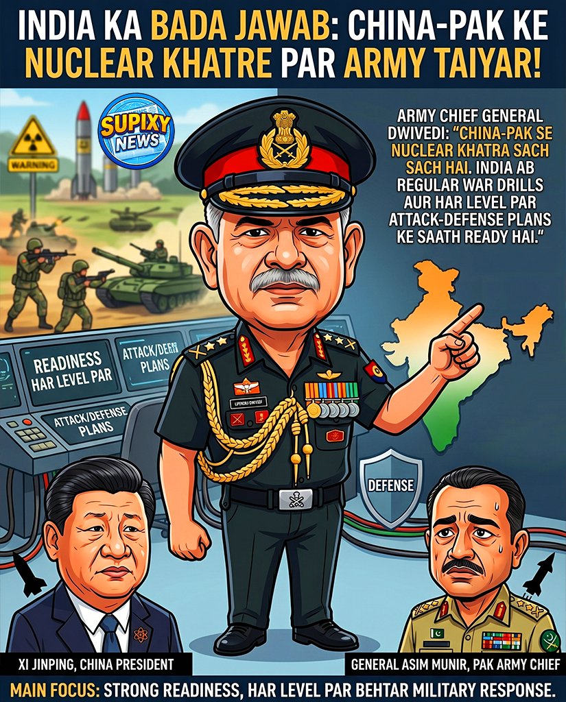supixynews's tweet image. Nuclear threats ko dekhte hue Indian Army ab 'High Readiness' mode mein hai. Army Chief Gen Upendra Dwivedi ne kaha ki China-Pak se khatra real hai, isliye attack &amp;amp; defense drills par zor diya ja raha hai.

#IndianArmy #Pakistan #China #OperationSindoor #SindoorAnniversary
