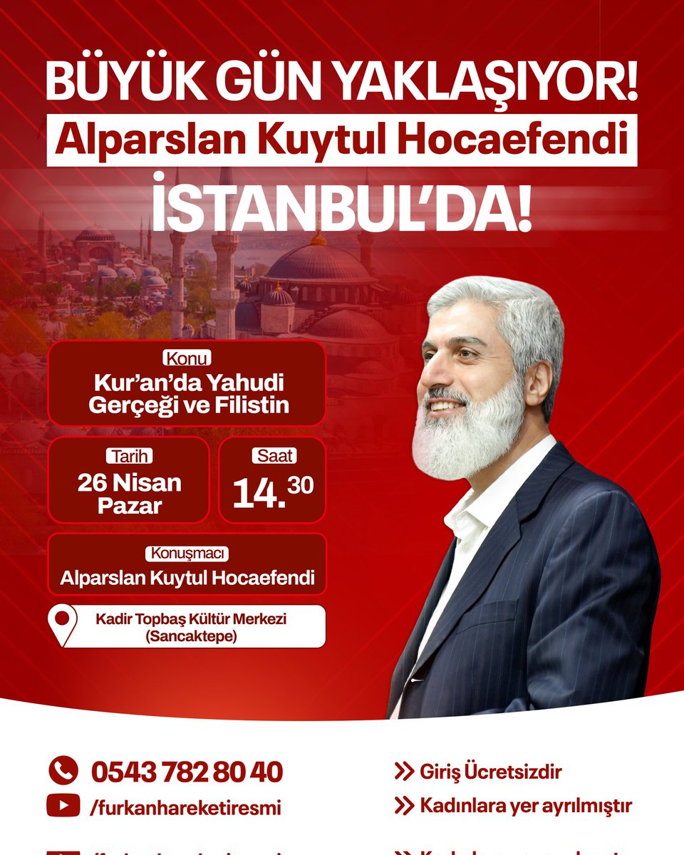 Tüm engellemelere rağmen Furkan Hareketi yoluna devam etmekte.

AlparslanHoca İstanbulaGeliyor 
#FurkanKonferansları