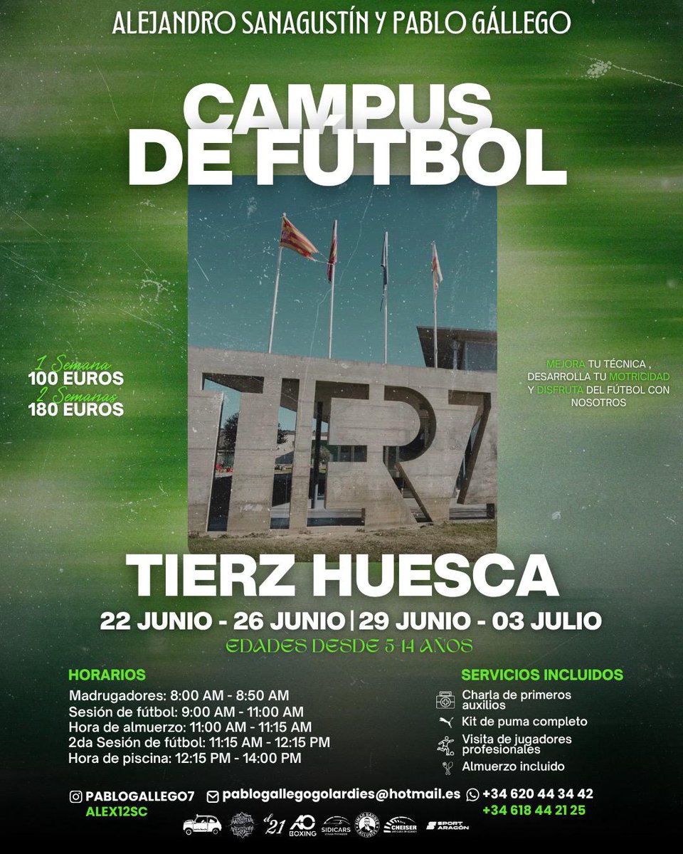 Hola a todos,
Hoy comenzamos un nuevo camino con mucha ilusión: nuestro campus de fútbol en Tierz ⚽️
Somos Pablo Gállego y Alex Sanagustín, y hemos creado este espacio para disfrutar del fútbol como se merece, donde los jugadores podrán mejorar sus patrones motrices y técnicos,