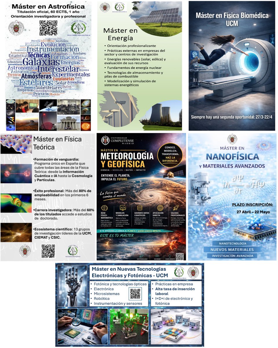 Fisicas_UCM's tweet photo. Toda la información sobre los másteres ofertados para el curso 2026-2027 en la Facultad de CC Físicas @Fisicas_UCM @unicomplutense en
👉https://t.co/xy4U82624L  
Hasta el 22 de mayo 2026 abierto el segundo plazo ordinario de admisión 
👉https://t.co/k23lHvVDTU https://t.co/DcmpHfnO59