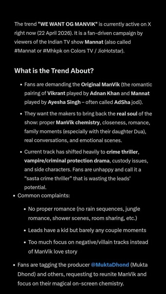 #Mannat Thank you everyone for participation, we hv trended continuously since evening and the highlights of the trend was noticed by Mukta and her team 🫠🙌🏻🤌🏻

WE WANT OG MANVIK 
#ManVik #AyeshaSingh #AdnanKhan 
Caption credit -<a href="/dra00733166/">Dr A</a> 🩷