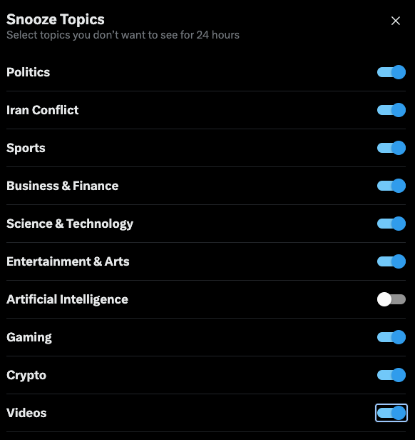 X platform Snooze Topics interface showing Artificial Intelligence as a toggleable topic alongside Politics, Sports, Business, and others